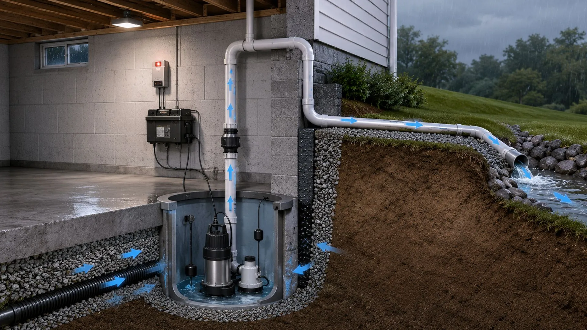 Basement flood control pump system overview showing sump pit, submersible sump pump, backup pump, float switch, check valve, discharge pipe, high-water alarm, battery backup, and stormwater outlet