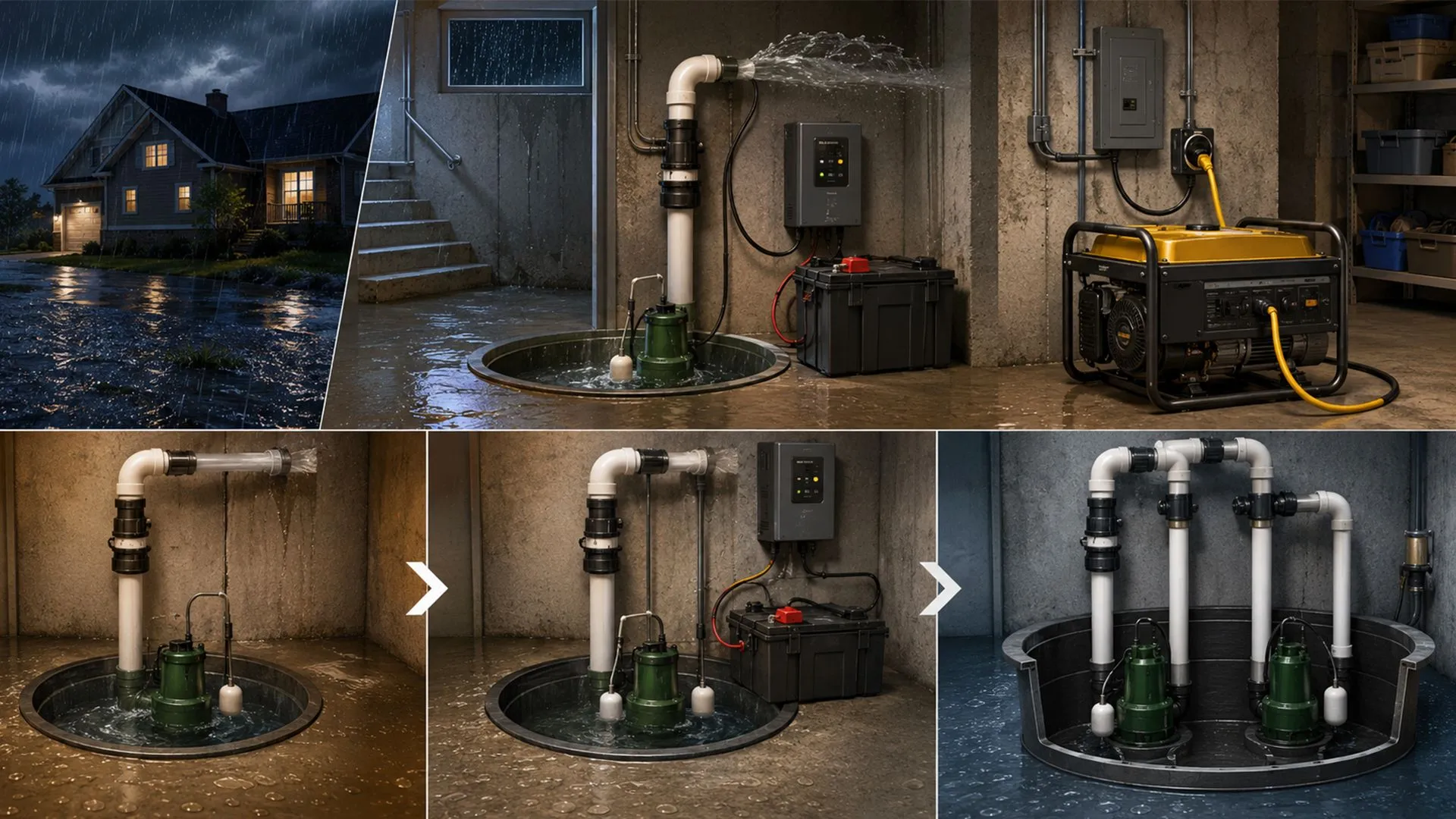 Basement pump backup decision diagram showing how to choose electric-only sump pump, battery backup pump, generator backup, or duplex pump system for basement flood control