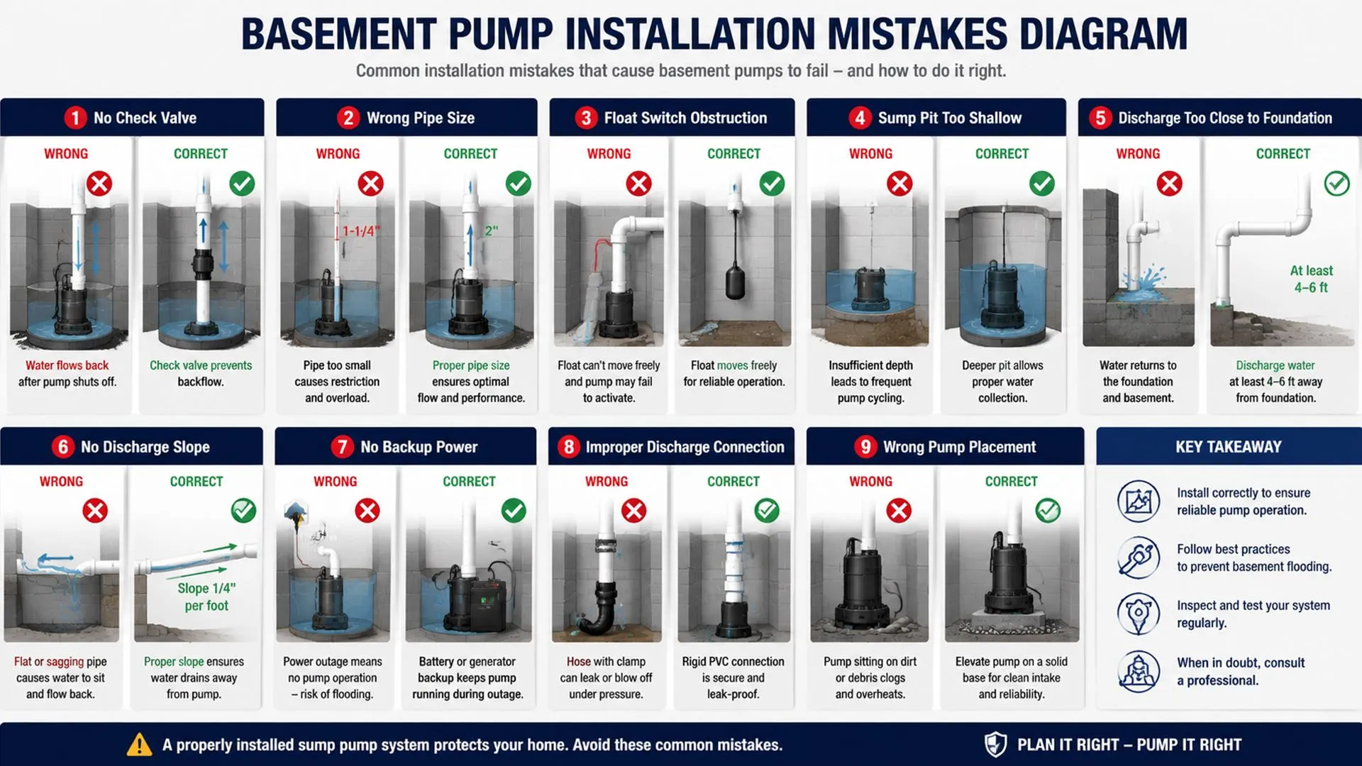 Basement pump installation mistakes diagram comparing wrong and correct sump pump installation with check valve, float switch, discharge pipe, sump pit depth, alarm, and discharge outlet location