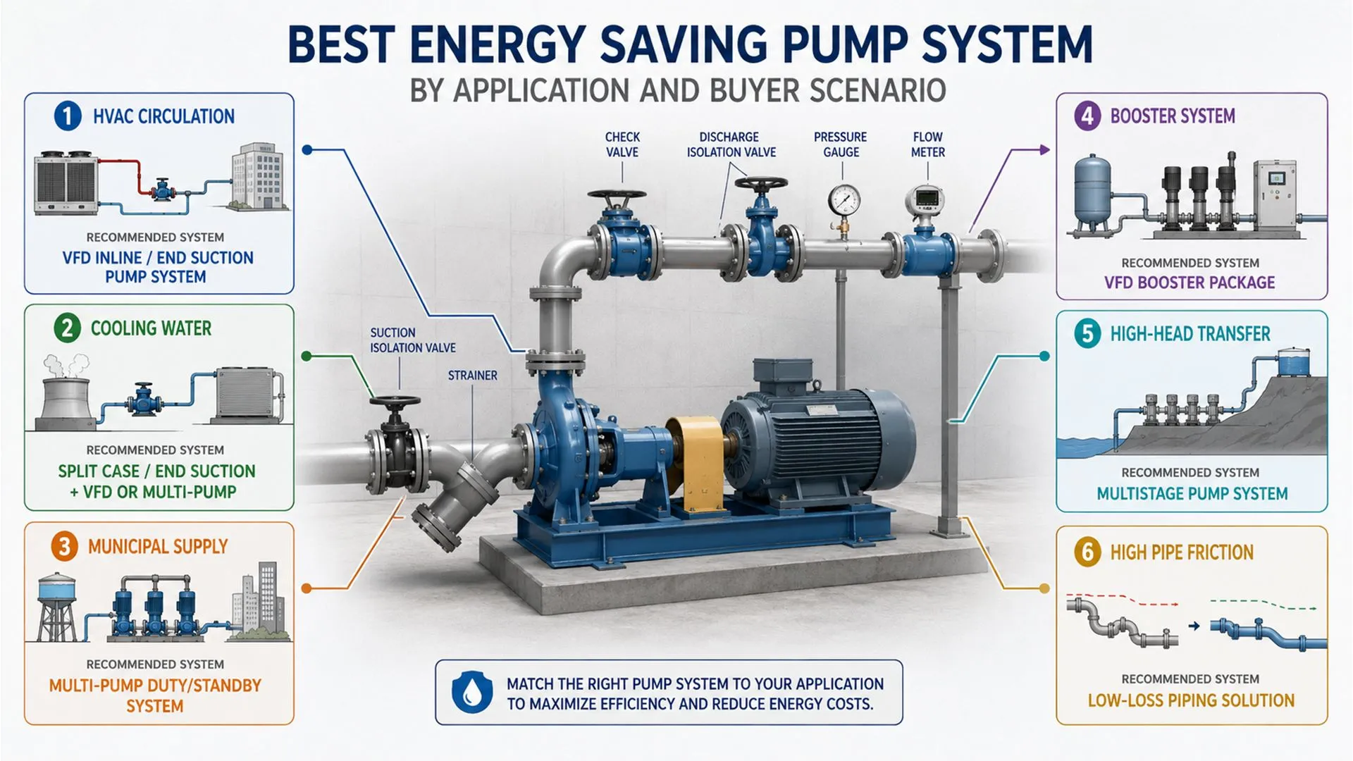 Energy saving pump system selection map showing how different applications match VFD control, multi-pump sequencing, right-sized pumps, multistage pumps, and low-loss piping.