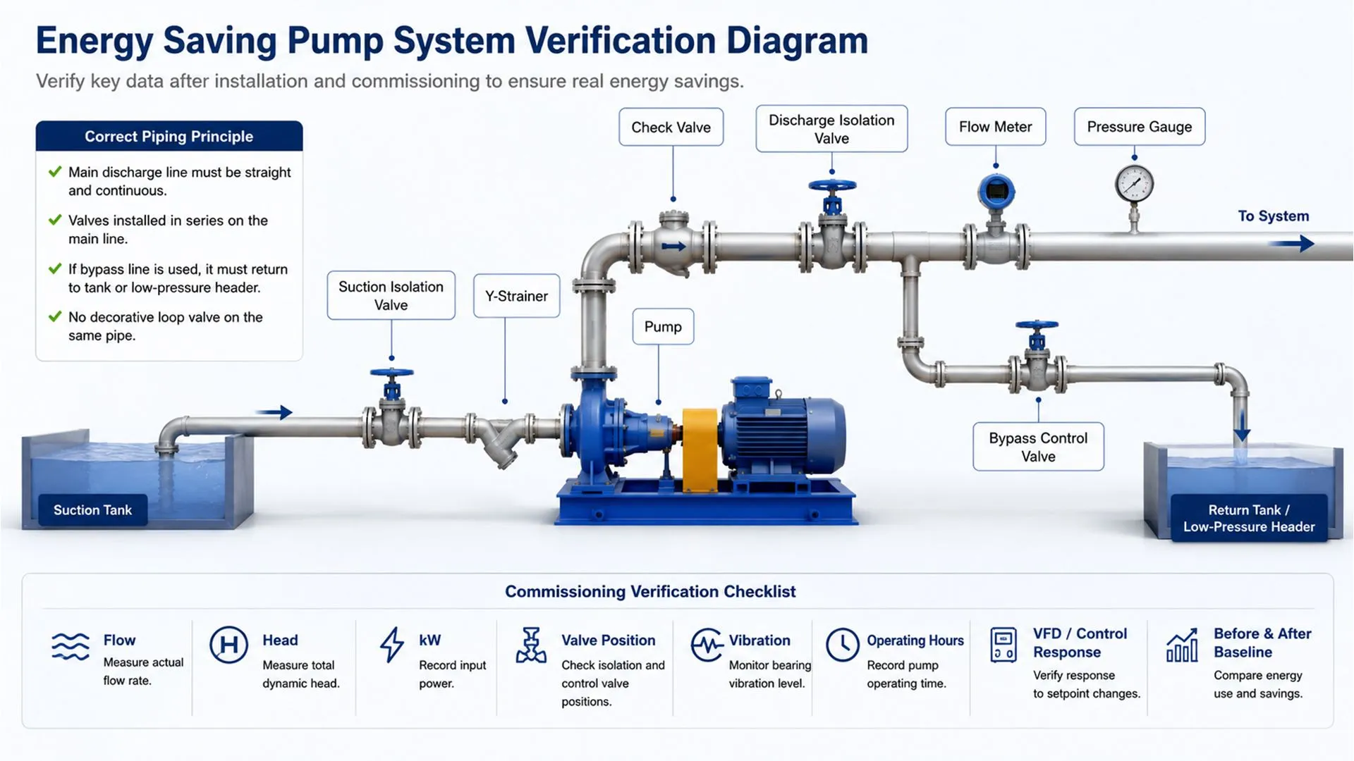 Energy saving pump system verification diagram showing flow, head, kW, valve position, vibration, and commissioning checks after installation.