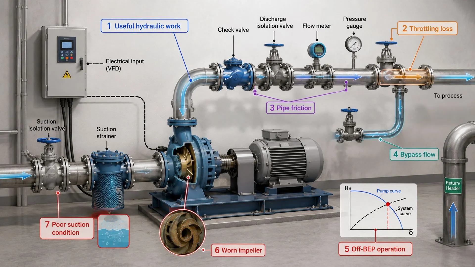 Centrifugal pump system showing useful hydraulic work and electricity losses from throttling, pipe friction, bypass flow, off-BEP operation, wear, and suction problems.