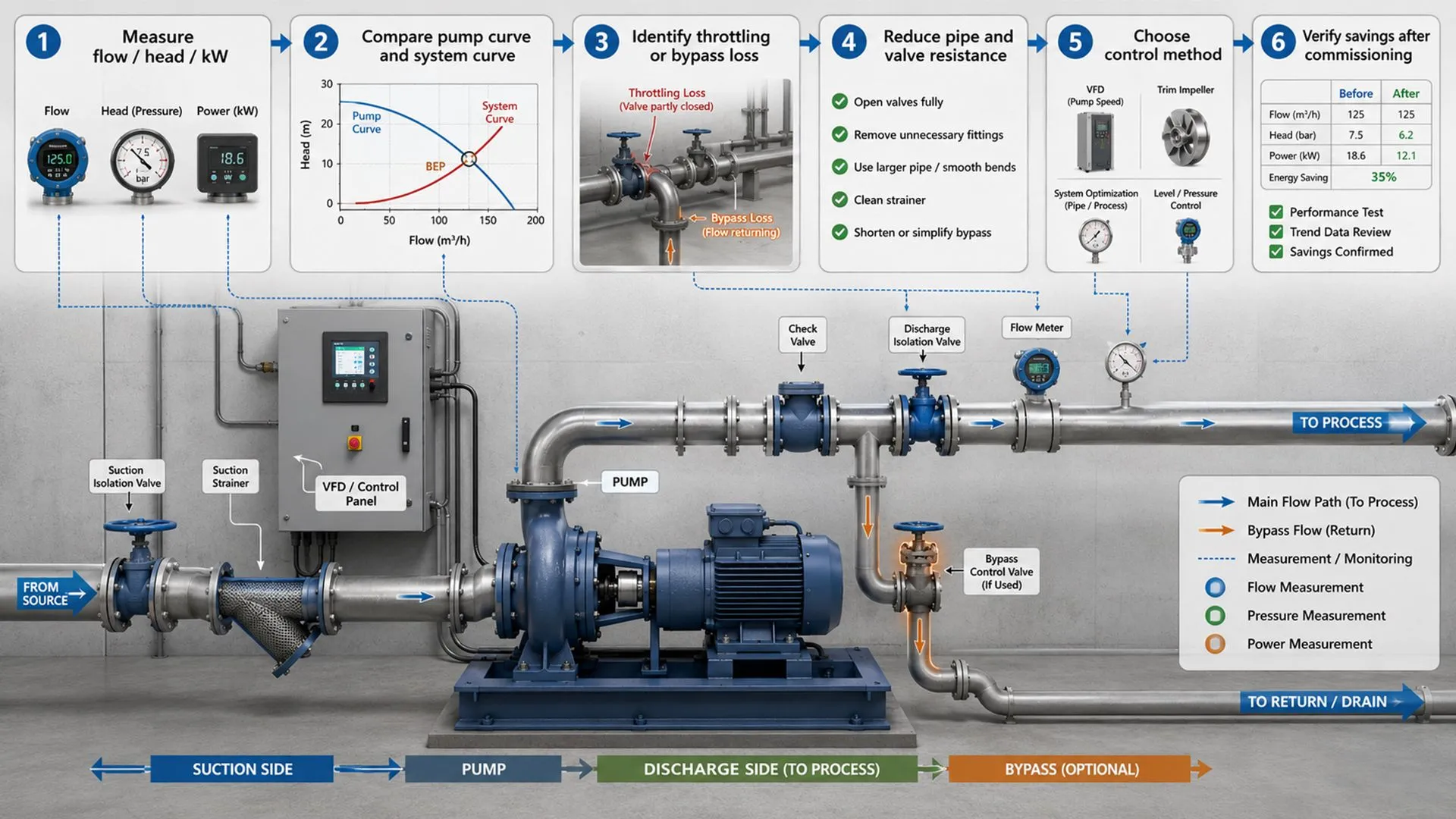 Workflow showing how to reduce pump electricity cost by measuring site data, reviewing pump and system curves, reducing losses, selecting control method, and verifying savings.