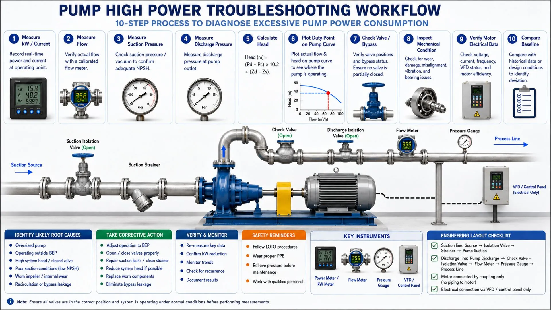 Pump high power troubleshooting workflow showing how to measure kW, flow, pressure, head, valve position, mechanical condition, and motor data to diagnose excessive pump power consumption.