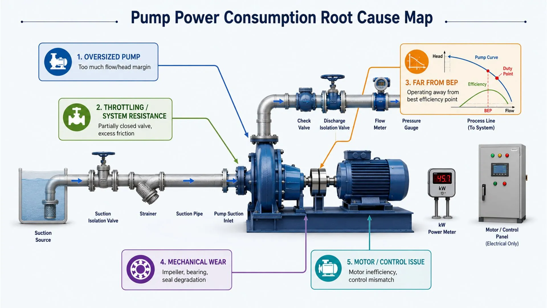 Pump power consumption root cause map showing how oversized pump selection, throttling, system resistance, off-BEP operation, mechanical wear, and motor control issues increase pump kW.