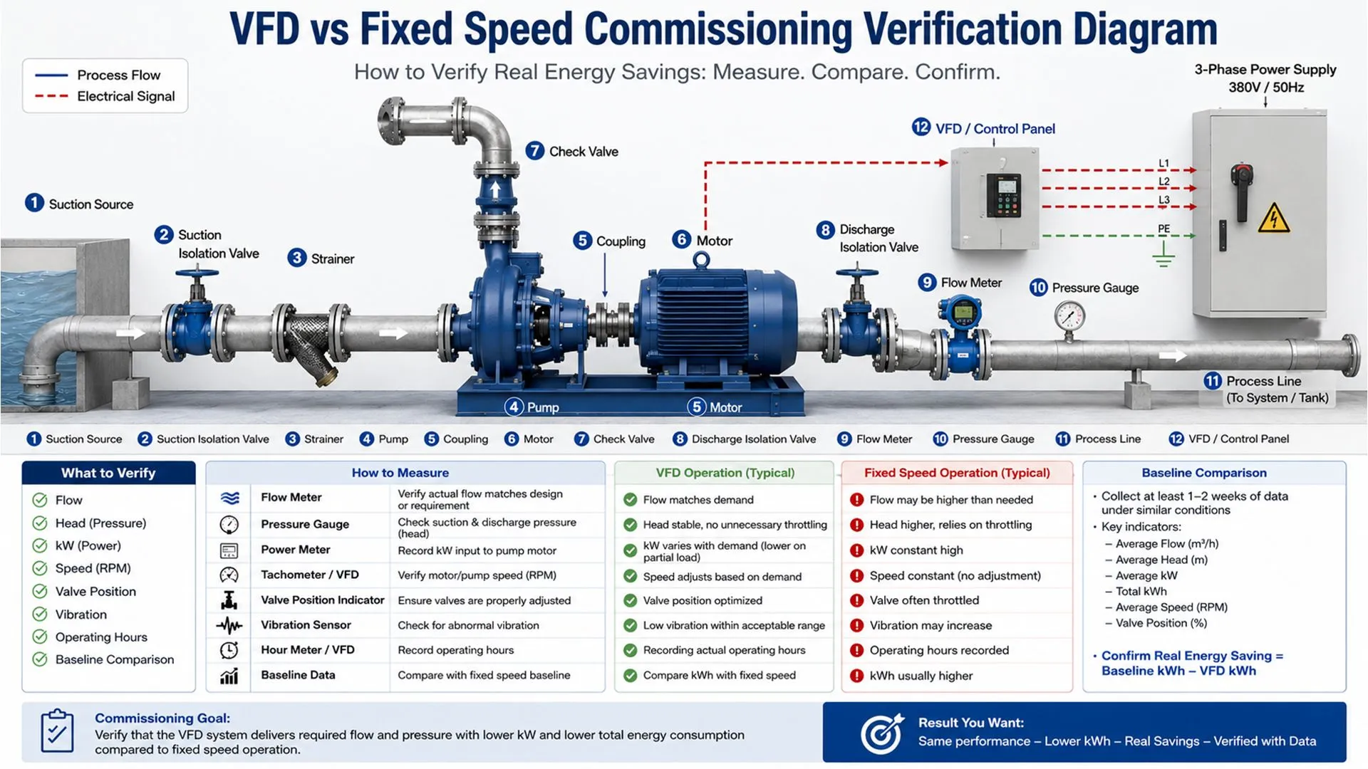 VFD vs fixed speed commissioning verification diagram showing how flow, head, kW, speed, valve position, vibration, and baseline data confirm real pump energy savings.