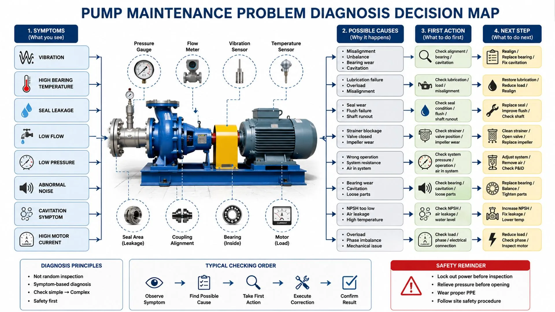 Maintenance problem diagnosis decision map showing pump symptoms such as vibration, high bearing temperature, seal leakage, low flow, low pressure, abnormal noise, cavitation symptom, and high motor current with possible causes and first inspection actions.