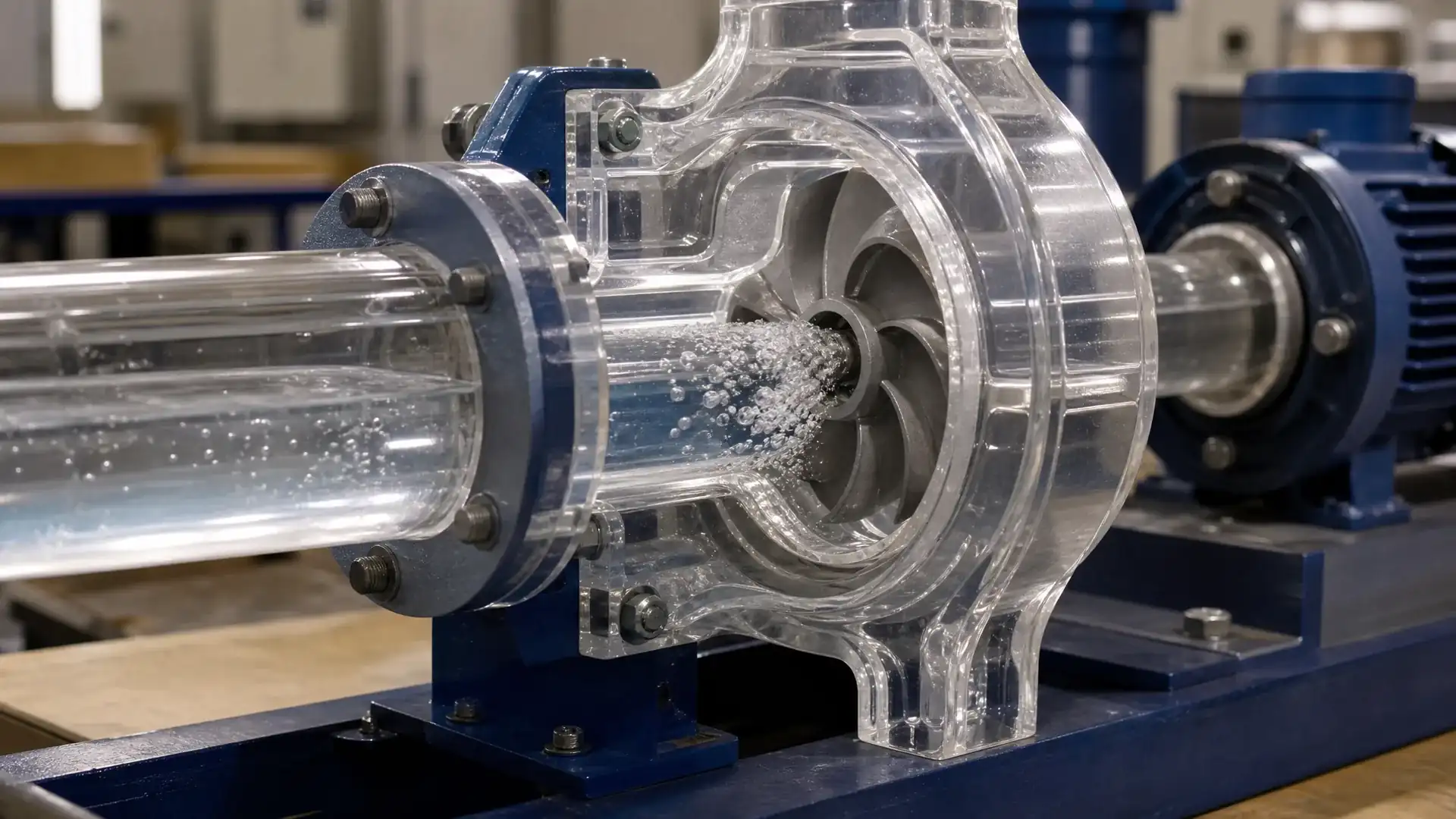 Transparent inline pump training model showing cavitation bubbles near the impeller eye