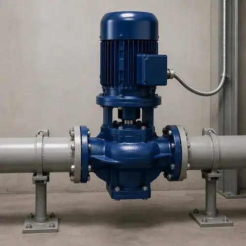 Vertical inline centrifugal pump installed between straight pipe runs in a mechanical room