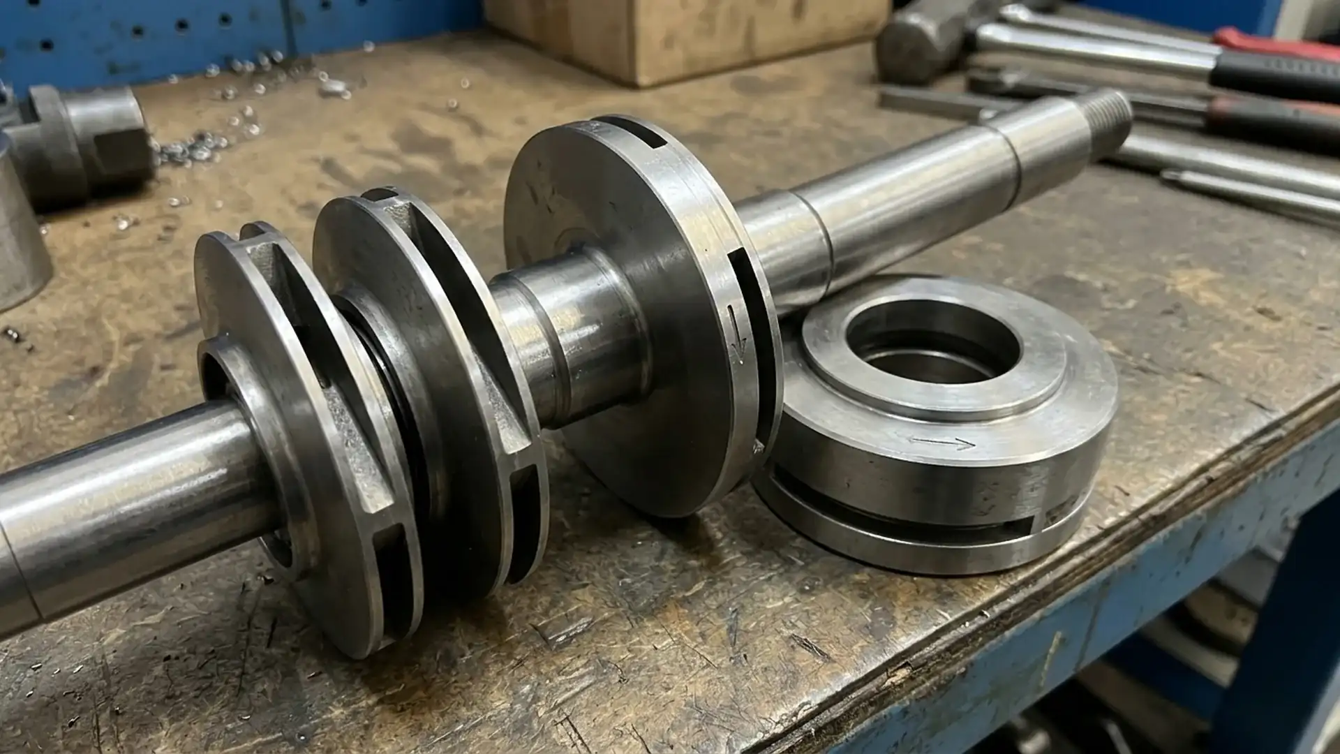 Balancing disc and stator components for a multistage pump laid out on a maintenance workbench next to the shaft.