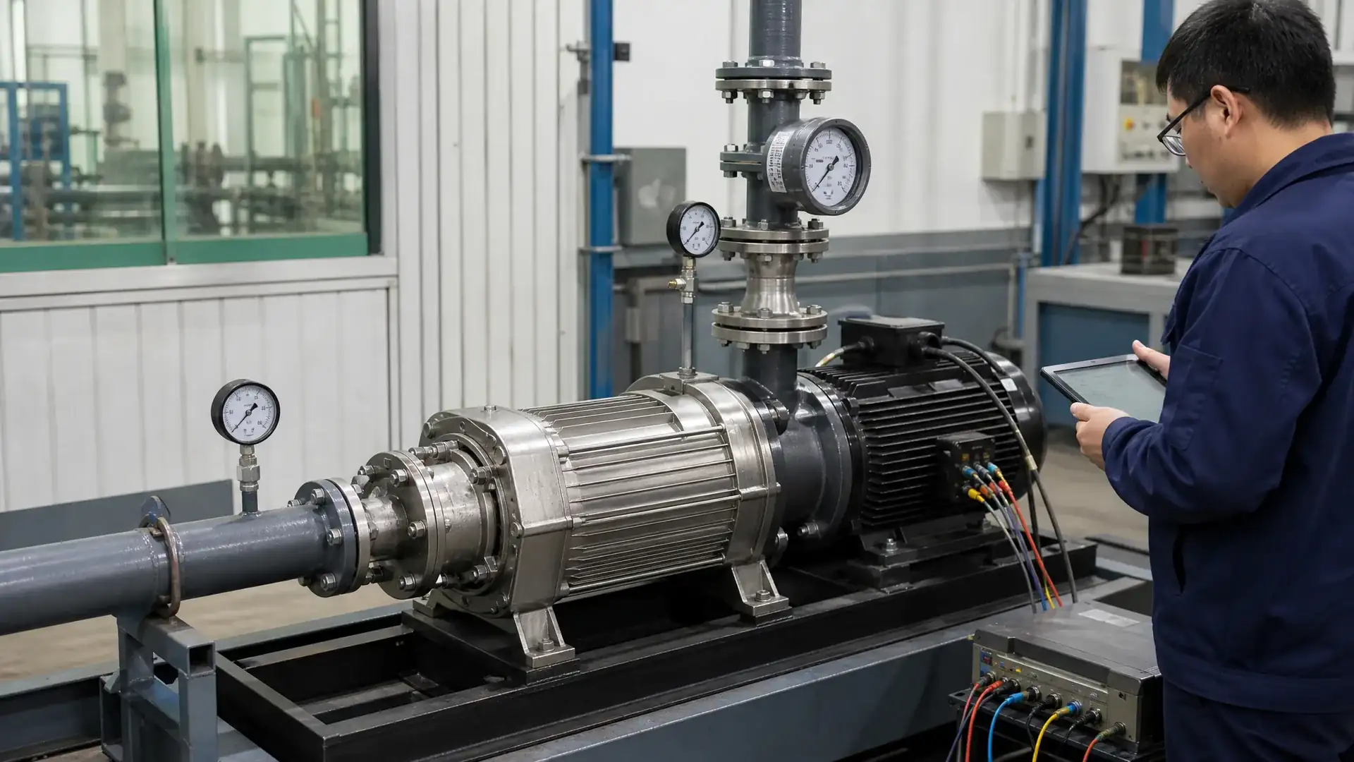 Multistage boiler feed pump on a factory test bench with suction and discharge pressure gauges, inline flow meter with dial indicator, and technician recording data on a tablet.