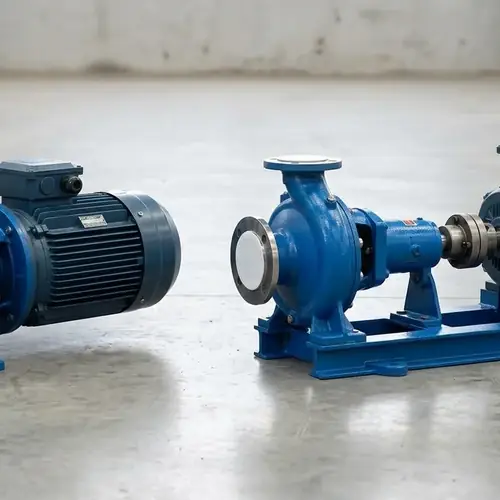 close-coupled-and-frame-mounted-end-suction-pump-comparison Side-by-side comparison of a close-coupled end suction pump and a frame-mounted end suction pump with exposed flexible coupling and steel baseplate, helping buyers choose the right mounting layout.