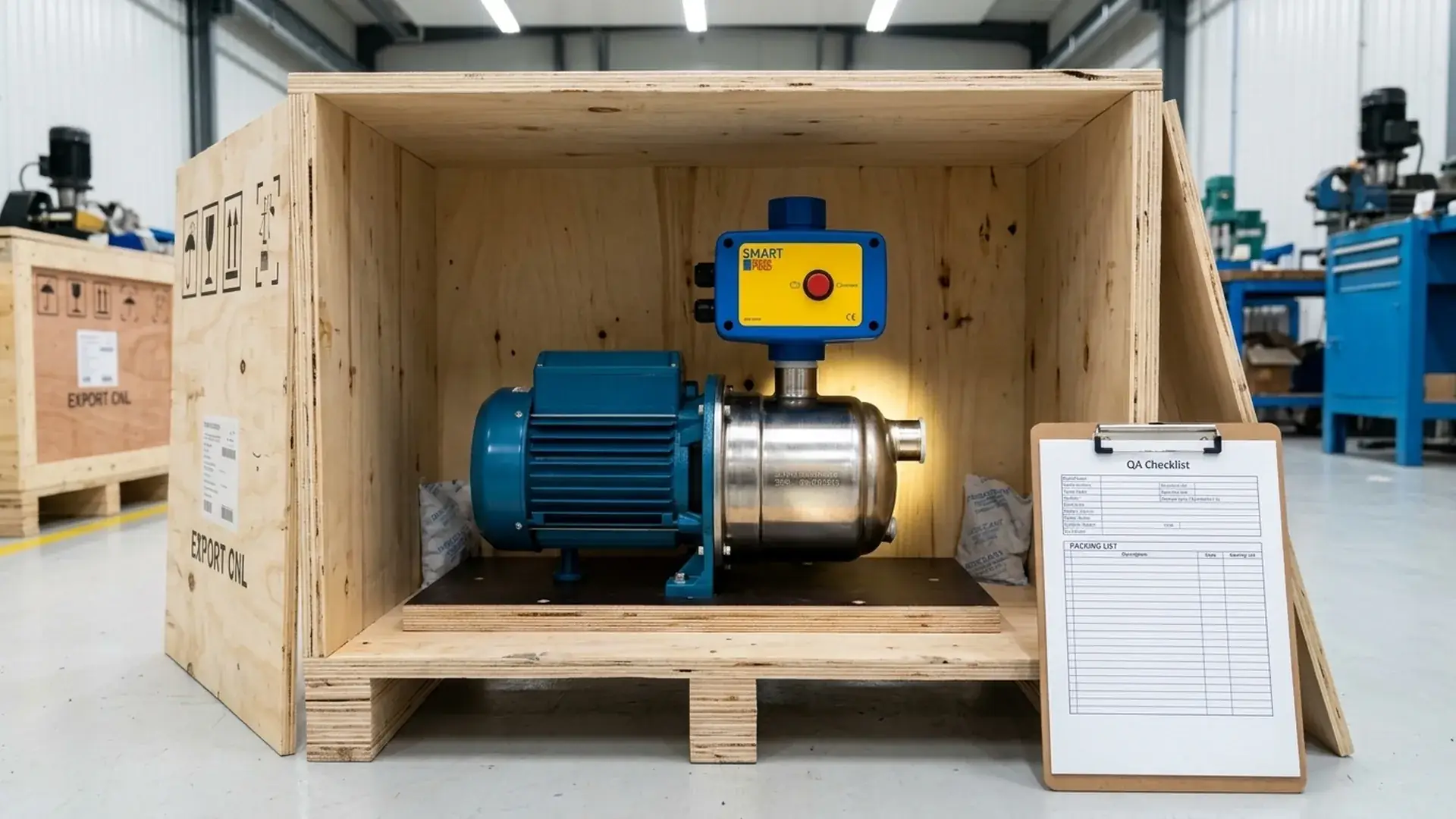 Open export crate with a centrifugal pump and motor set, serial number, packing list, and desiccants during third party pump inspection pre-shipment check.