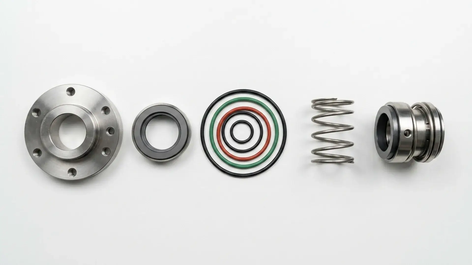 Disassembled mechanical seal components showing faces, O-rings, spring, and gland for pump material compatibility verification.