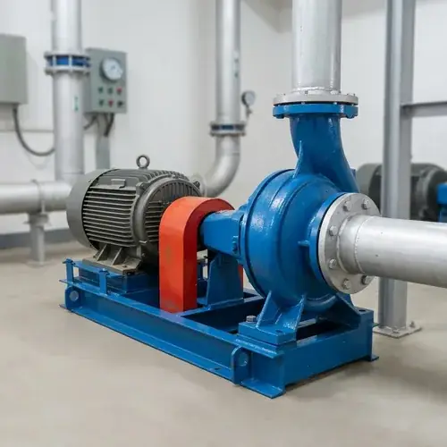 horizontal-end-suction-pump-motor-baseplate Horizontal end-suction centrifugal pump with electric motor, coupling guard, suction piping, and discharge piping on a steel baseplate, showing the components that explain how a centrifugal pump works in an industrial setting.