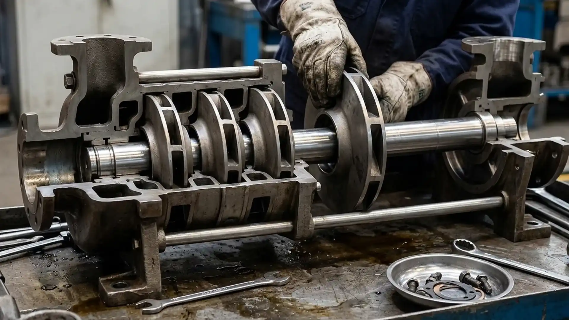 Technician assembling a horizontal multistage pump, sliding impellers and diffusers onto the main shaft.
