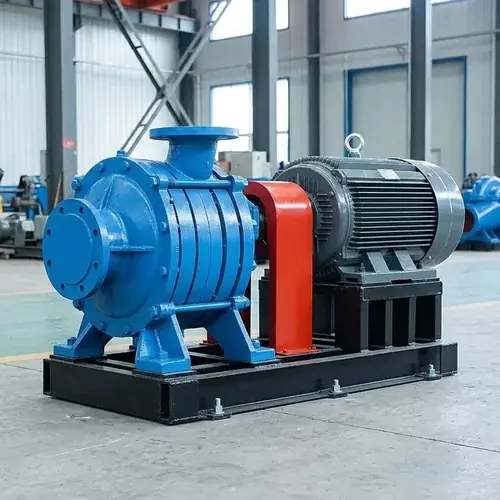 horizontal-multistage-pump-skid-factory-view Horizontal multistage boiler feed pump skid with electric motor, baseplate, and suction and discharge flanges visible on a clean factory floor.