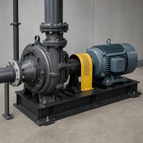 Heavy-duty horizontal slurry pump with electric motor on steel baseplate in clean industrial pump room, illustrating reliable slurry pump NPSH suction design.