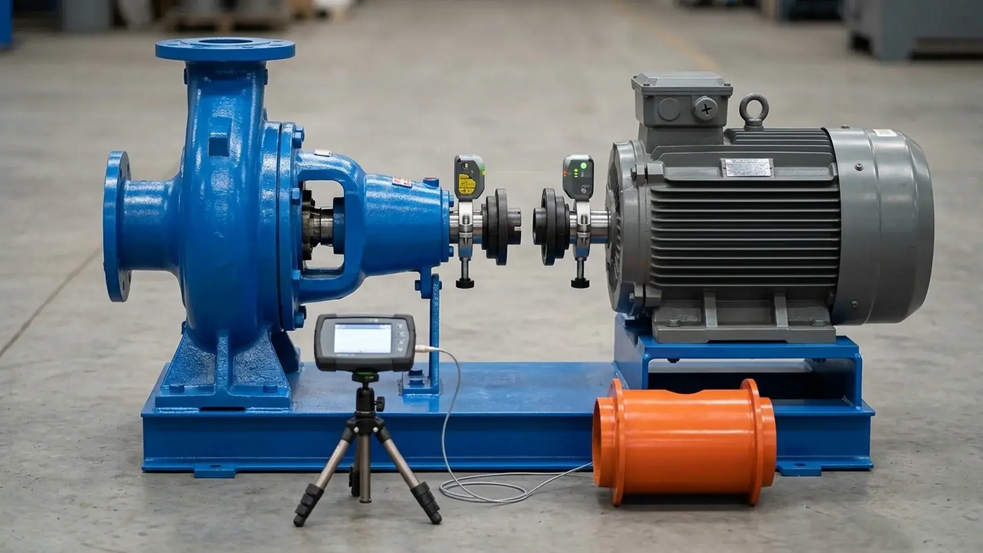 Laser alignment tool clamped to pump and motor shafts at the coupling during a pump installation checklist alignment check to prevent vibration and bearing failure.