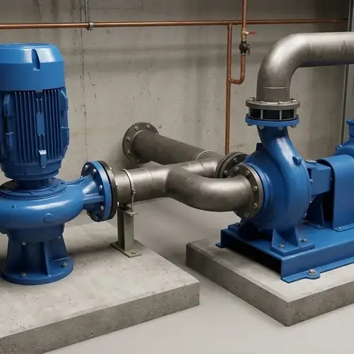mechanical-room-pump-layout-comparison Side-by-side mechanical room installation comparing a vertical inline pump in a straight pipe run with an end suction centrifugal pump using a 90-degree discharge elbow, highlighting inline pump vs end suction pump footprint and pipe routing differences.