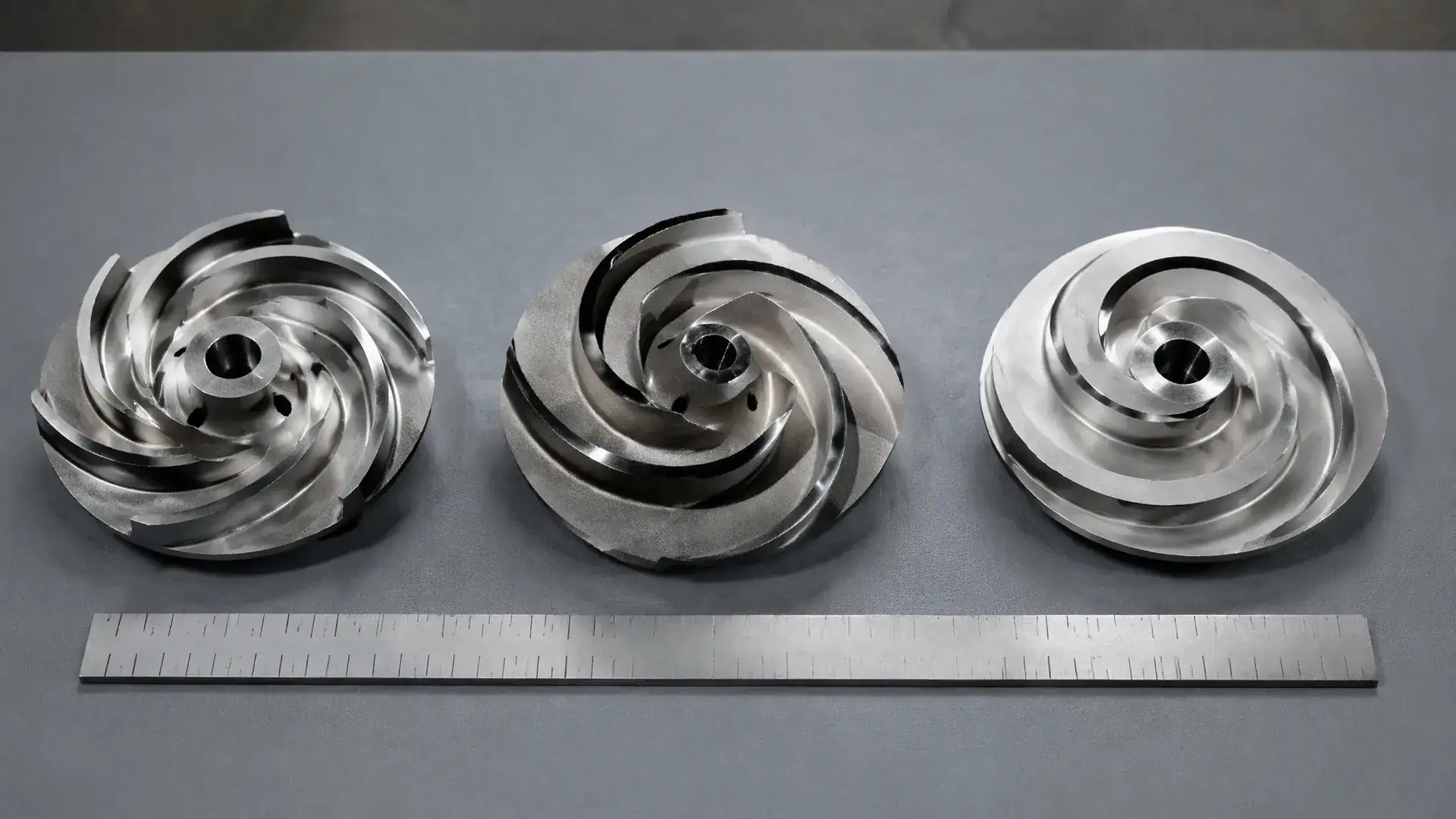 Three industrial centrifugal pump impellers side by side on a work surface with a ruler, showing open, semi-open, and closed impeller geometry for comparison.