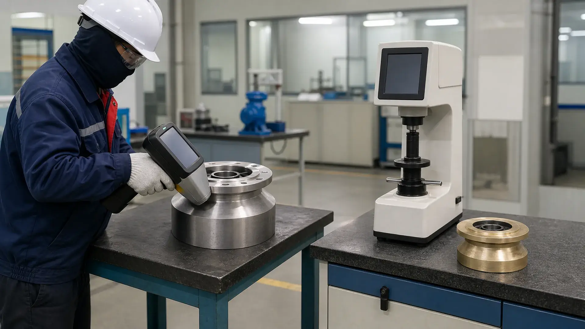 Handheld XRF analyzer checking pump casing material alongside hardness test station for centrifugal pump material verification.