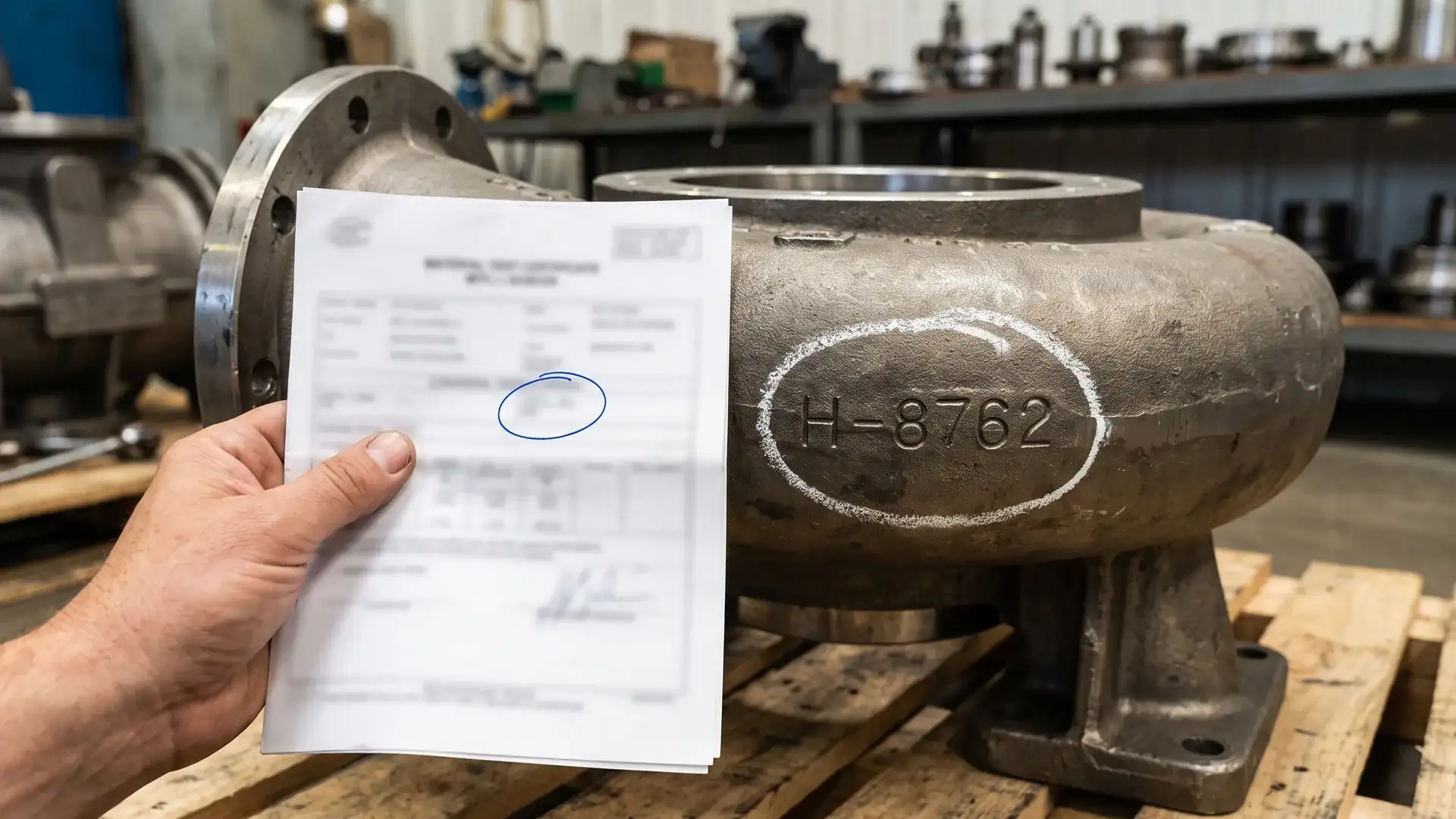 Inspector verifying a stamped heat number on a pump casing against a material test certificate during third party pump inspection.