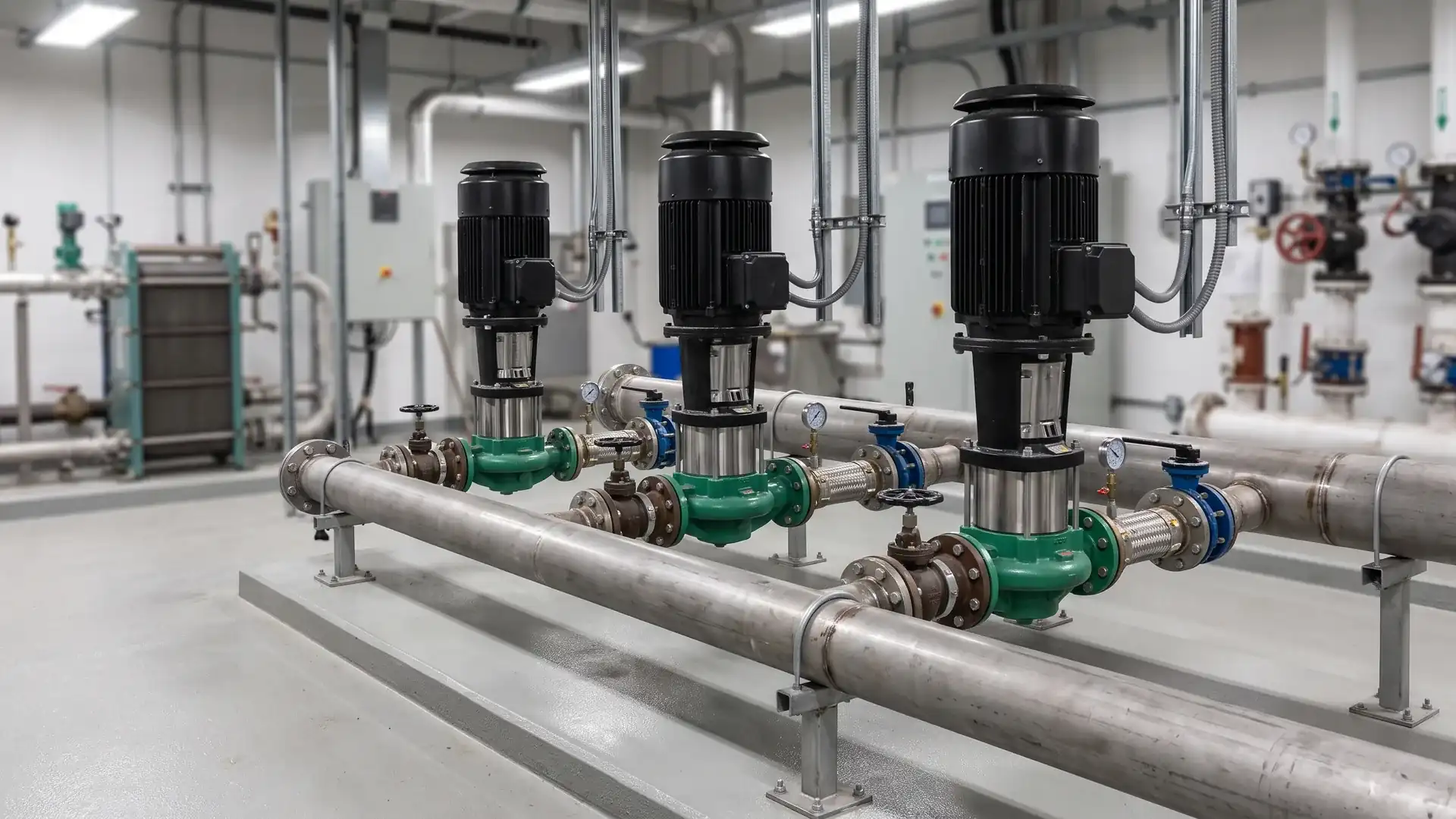 Three vertical inline circulation pumps installed in parallel between one suction header and one discharge header in an HVAC mechanical room.