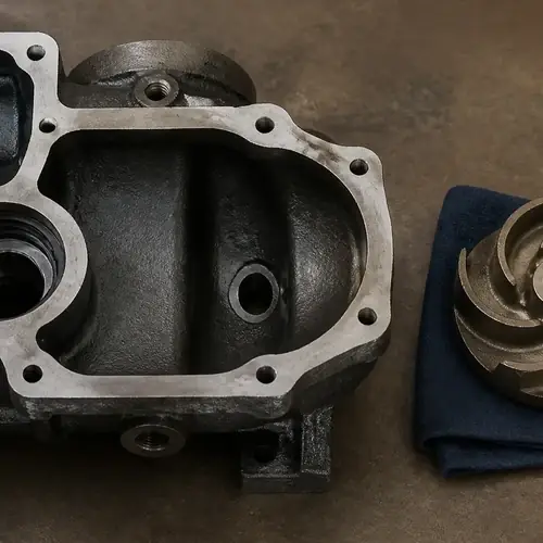 self-priming-pump-open-casing-impeller-workbench Open cast-iron self priming pump casing on a workbench with the centrifugal impeller placed beside it, showing the internal priming chamber cavity and recirculation passage opening.