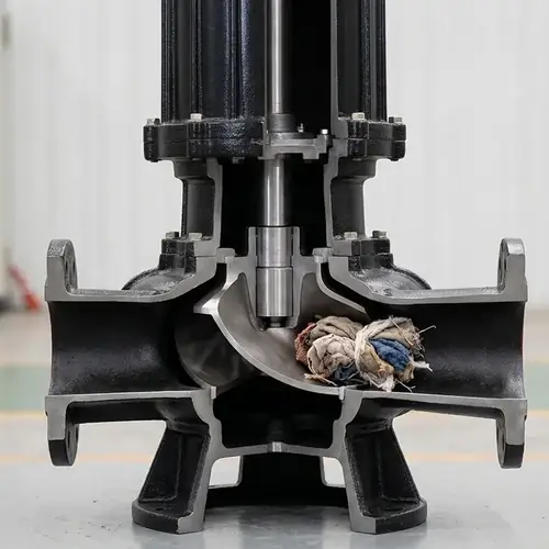 Single-channel sewage pump impeller clearance detail on an industrial centrifugal pump.