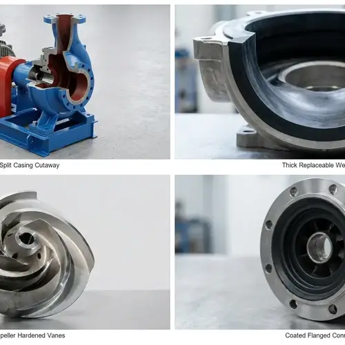 Slurry-duty centrifugal pump wet end with split casing cutaway showing thick replaceable wear liner and open impeller with hardened vanes for plunger pump vs centrifugal pump solids handling comparison.