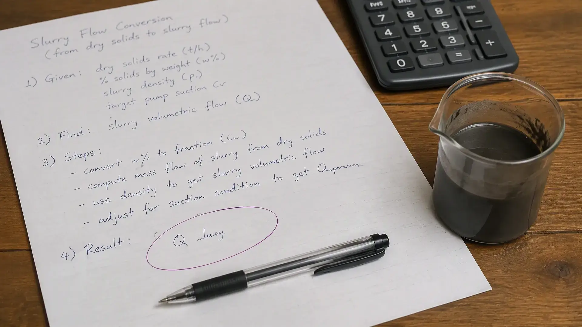 Slurry pump sizing calculation: handwritten conversion from dry solids tonnage to slurry volumetric flow, with a beaker of thick slurry beside the paper.