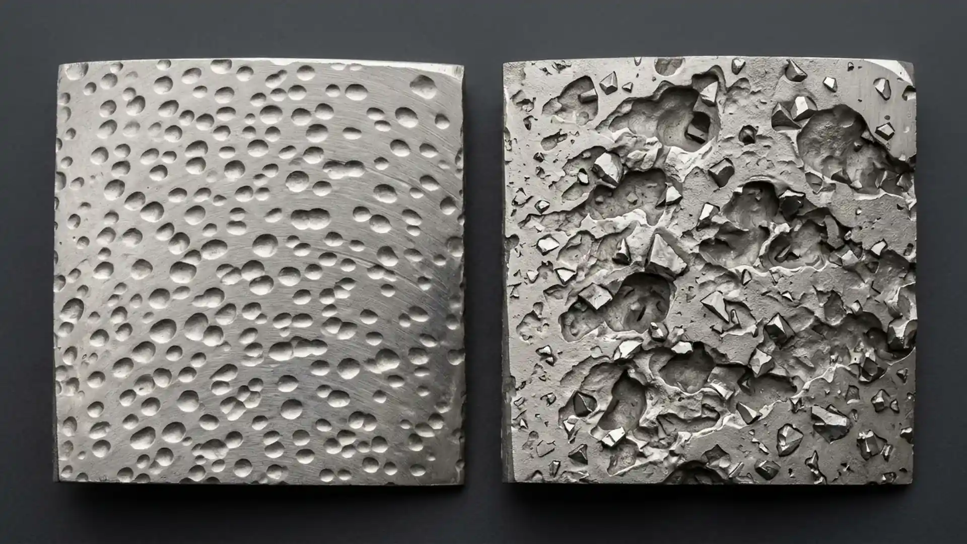 Macro comparison of impeller vane surface: left side shows clean-water cavitation pitting, right side shows slurry cavitation with deep grooves and embedded solid particles, demonstrating why slurry pump NPSH failure accelerates wear.