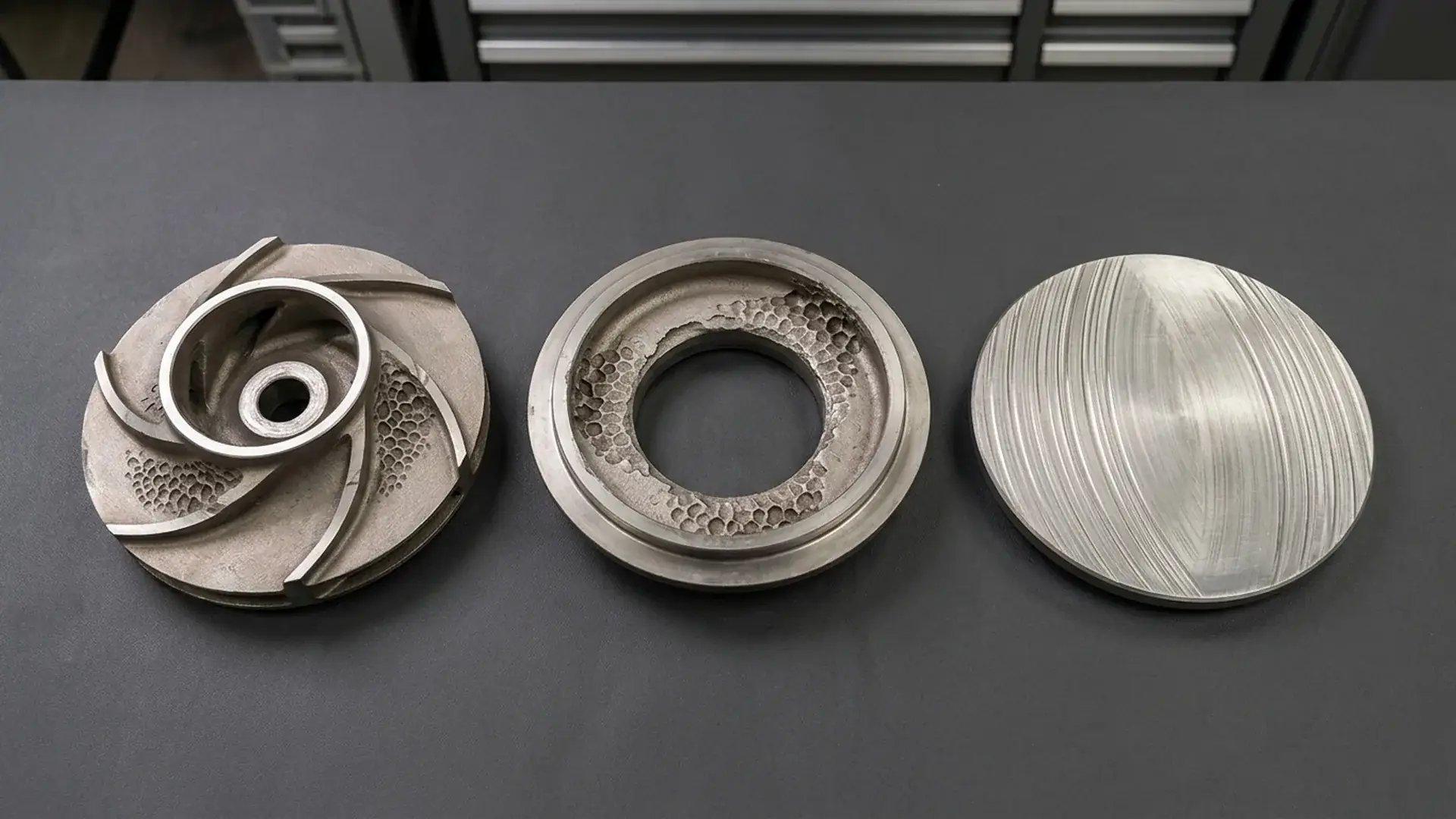 Flat lay of three worn slurry pump components on a workbench: impeller with cavitation pitting near vane inlet, suction liner with cavitation erosion, and wear plate with smooth abrasive scoring — training buyers to identify slurry pump NPSH failure modes.
