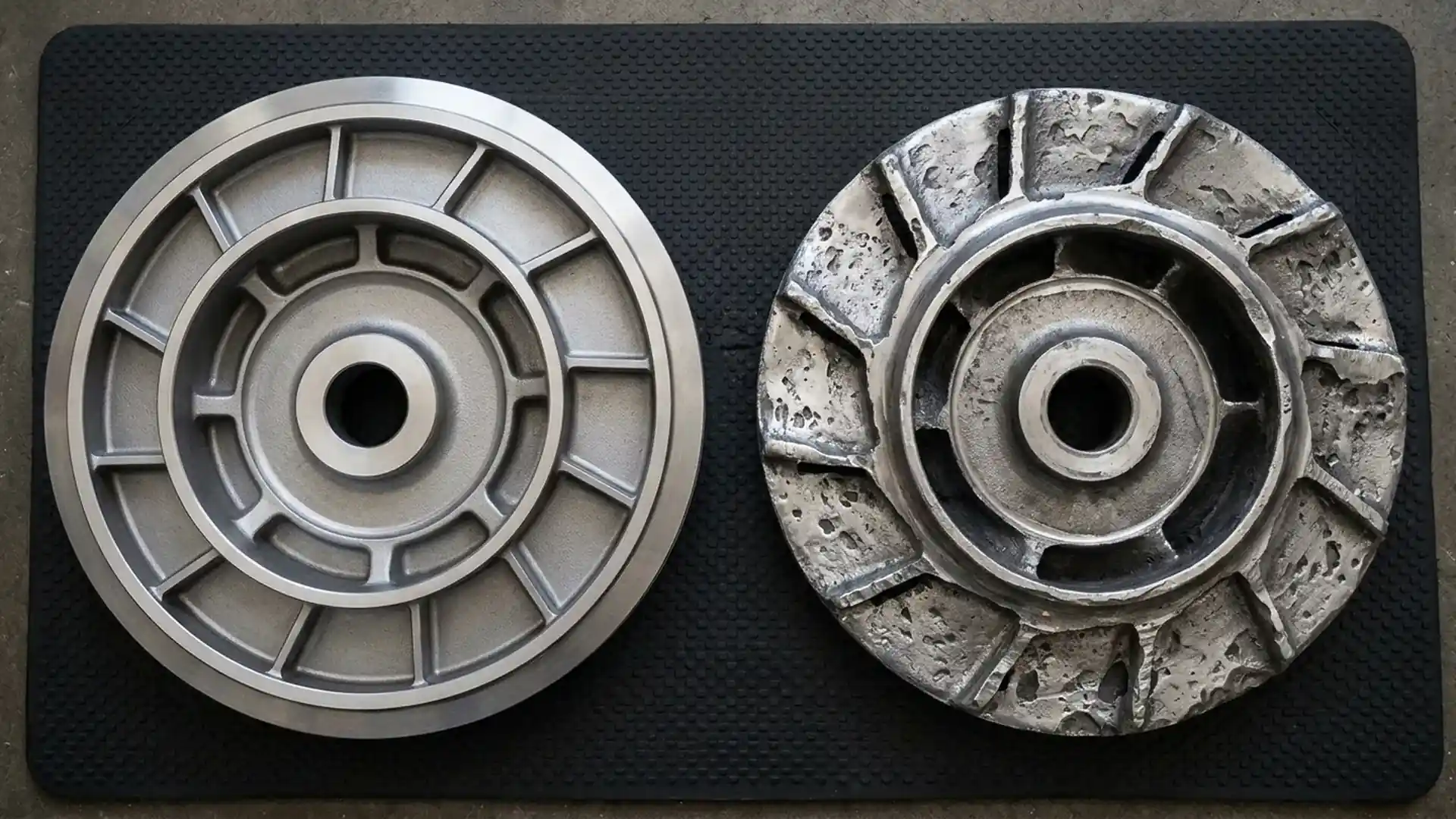 Top-down comparison of a new high-chrome slurry pump impeller and a worn impeller with thinned vanes and pitted surfaces for types of submersible pumps.