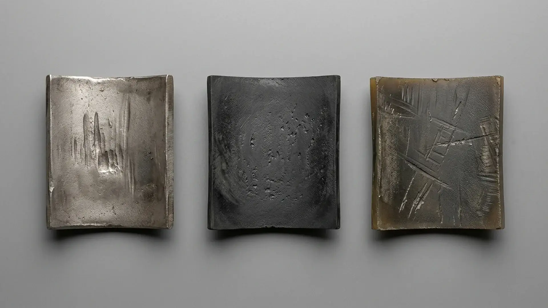 Worn slurry pump liner materials comparison for sizing decisions: high-chrome iron with cutwater erosion, rubber liner with abrasion texture, and polyurethane with cutting marks.