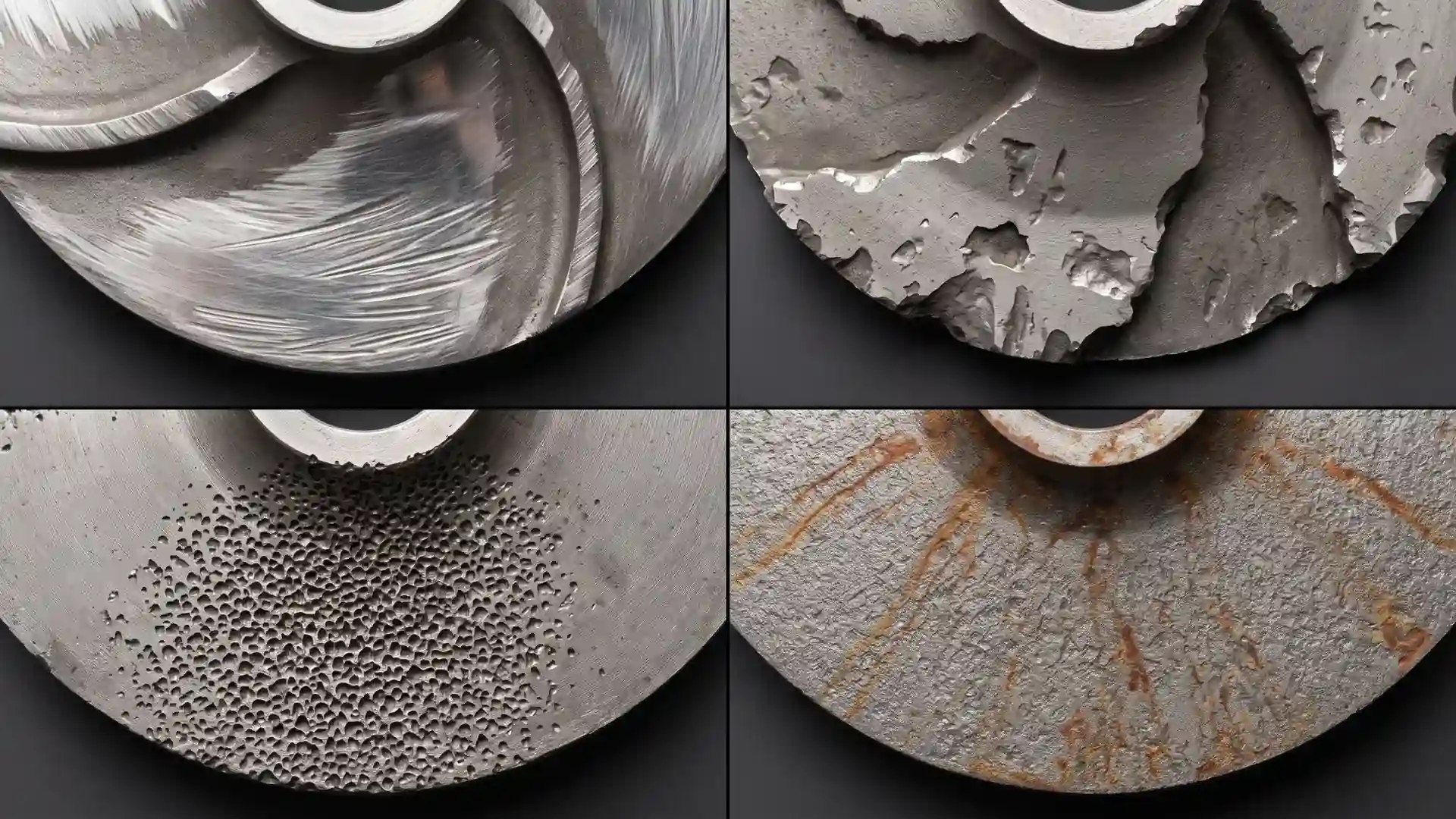 Real slurry pump impeller close-ups showing abrasive polish, erosion chipping, cavitation pits, and corrosion graining for wear diagnosis
