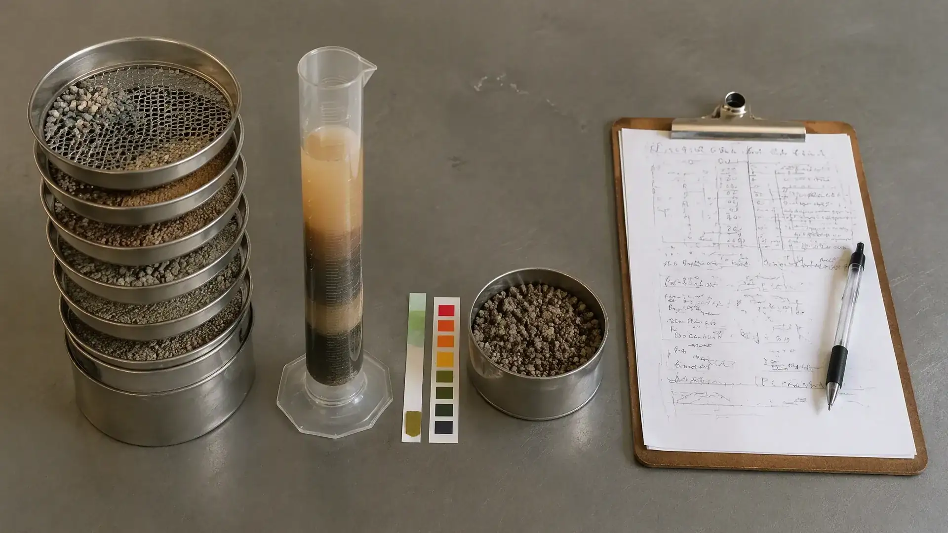 Essential parameters for slurry pump sizing: dry solids sample, pH strip, graduated cylinder with settled slurry layers, sieve stack, and clipboard with handwritten data sheet on a worktable.