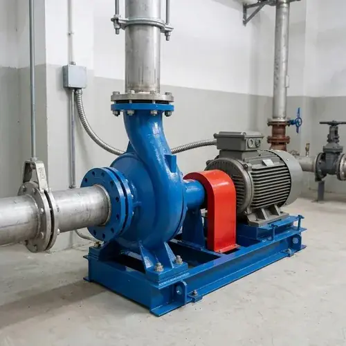 split-case-pump-installation-pump-room Horizontal split case pump unit with electric motor and flange connections in an industrial pump room.