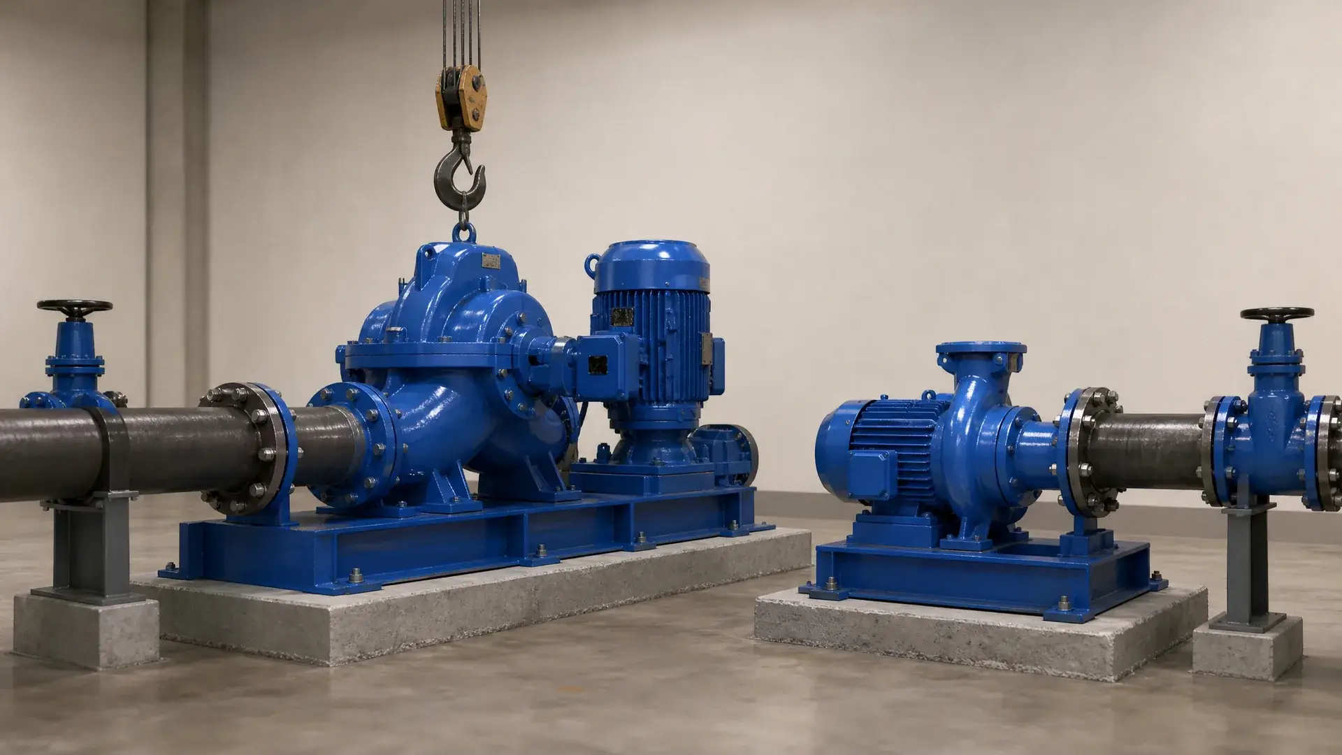 Split case pump and end suction pump installed side by side showing larger maintenance clearance and baseplate size for the split case unit.