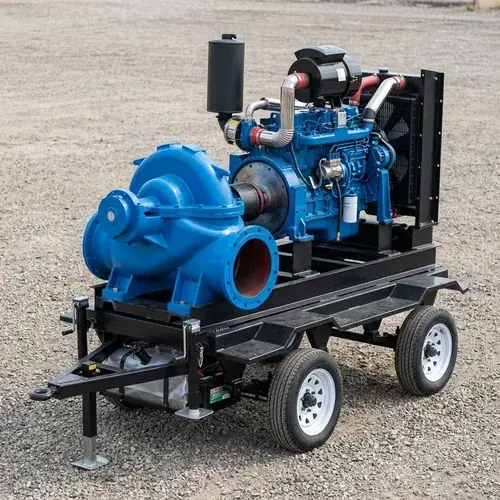 trailer-mounted-diesel-dewatering-pump Trailer-mounted diesel self-priming dewatering pump on a compacted yard, showing the portable rental package buyers evaluate when comparing pump rental vs purchase.