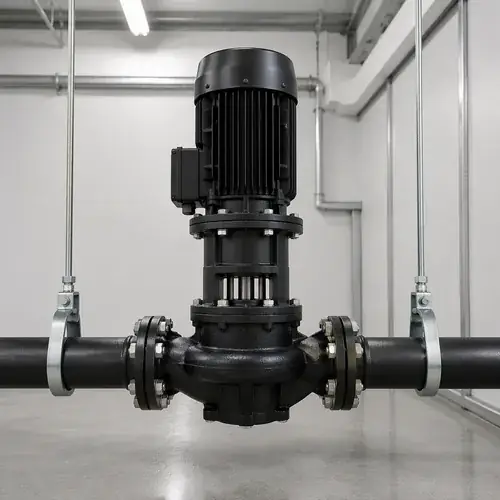 vertical-inline-pump-compact-pipe-installation A vertical inline pump installed in a horizontal pipe run with one suction pipe entering the left flange and one discharge pipe leaving the right flange in an HVAC plant room.