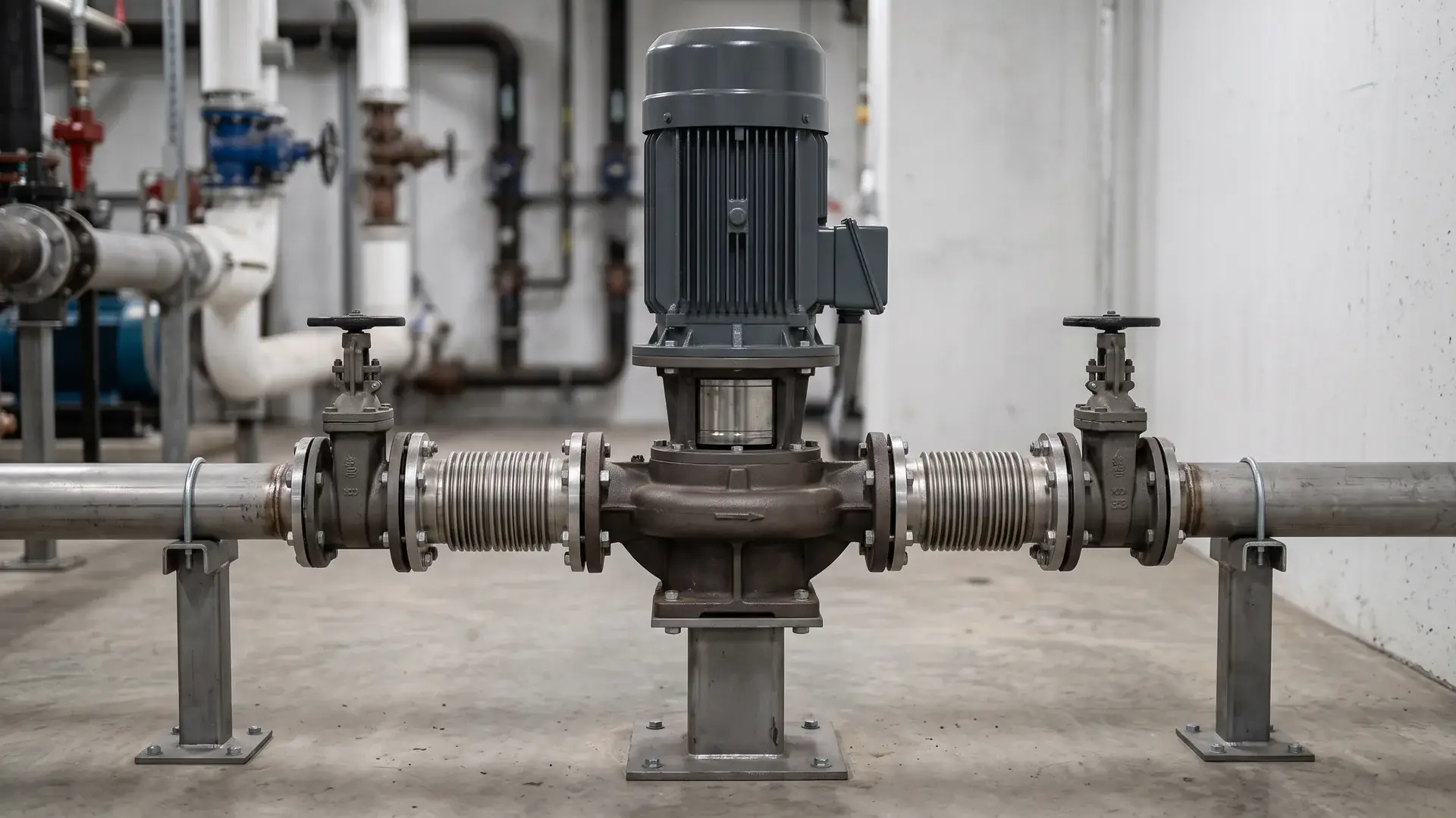 Vertical inline pump installation showing support under the lower pump casing, independent pipe supports, flexible connectors, and isolation valves.