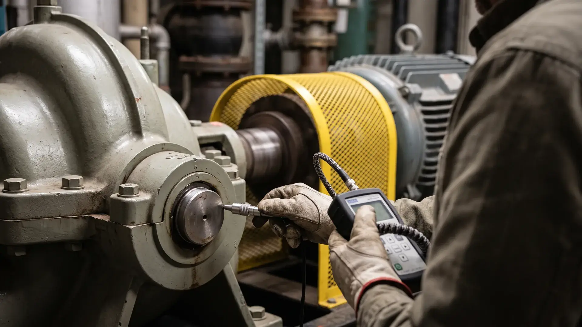 Technician measuring vibration on a split case pump bearing housing with a handheld analyzer.