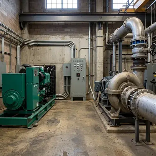Industrial diesel generator set with control panel in a pump room, showing the power source that must be sized for water pump motor starting kVA and inrush current.