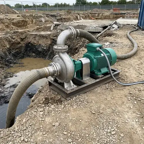 Self-priming centrifugal pump skid above a muddy construction dewatering pit, with one suction hose descending into the water and one discharge hose leaving the frame—illustrating the above-ground lift decision in self priming vs submersible pump selection.