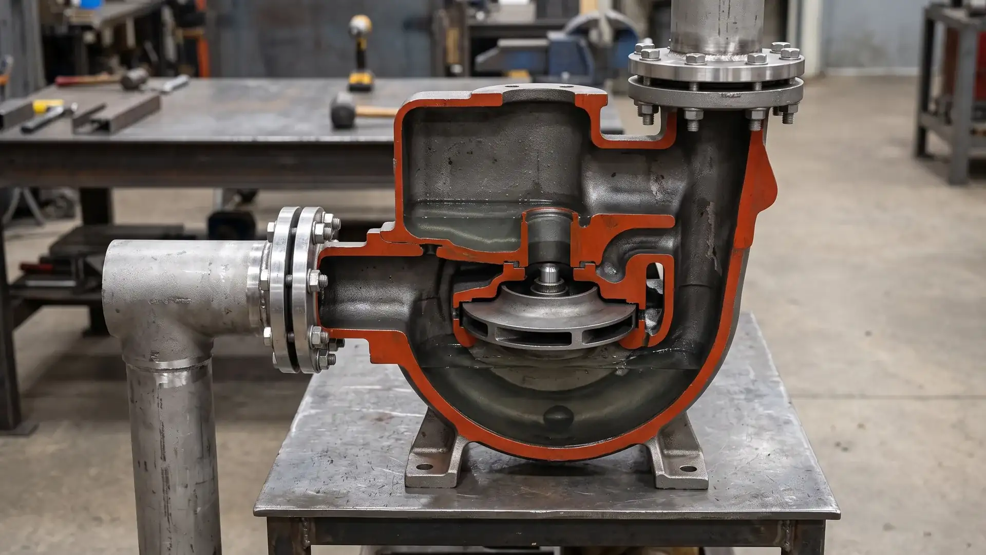 Cutaway view of a self-priming centrifugal pump showing the priming chamber, impeller, retained liquid reservoir, and air evacuation path from the suction line—explaining self priming vs submersible pump startup geometry.