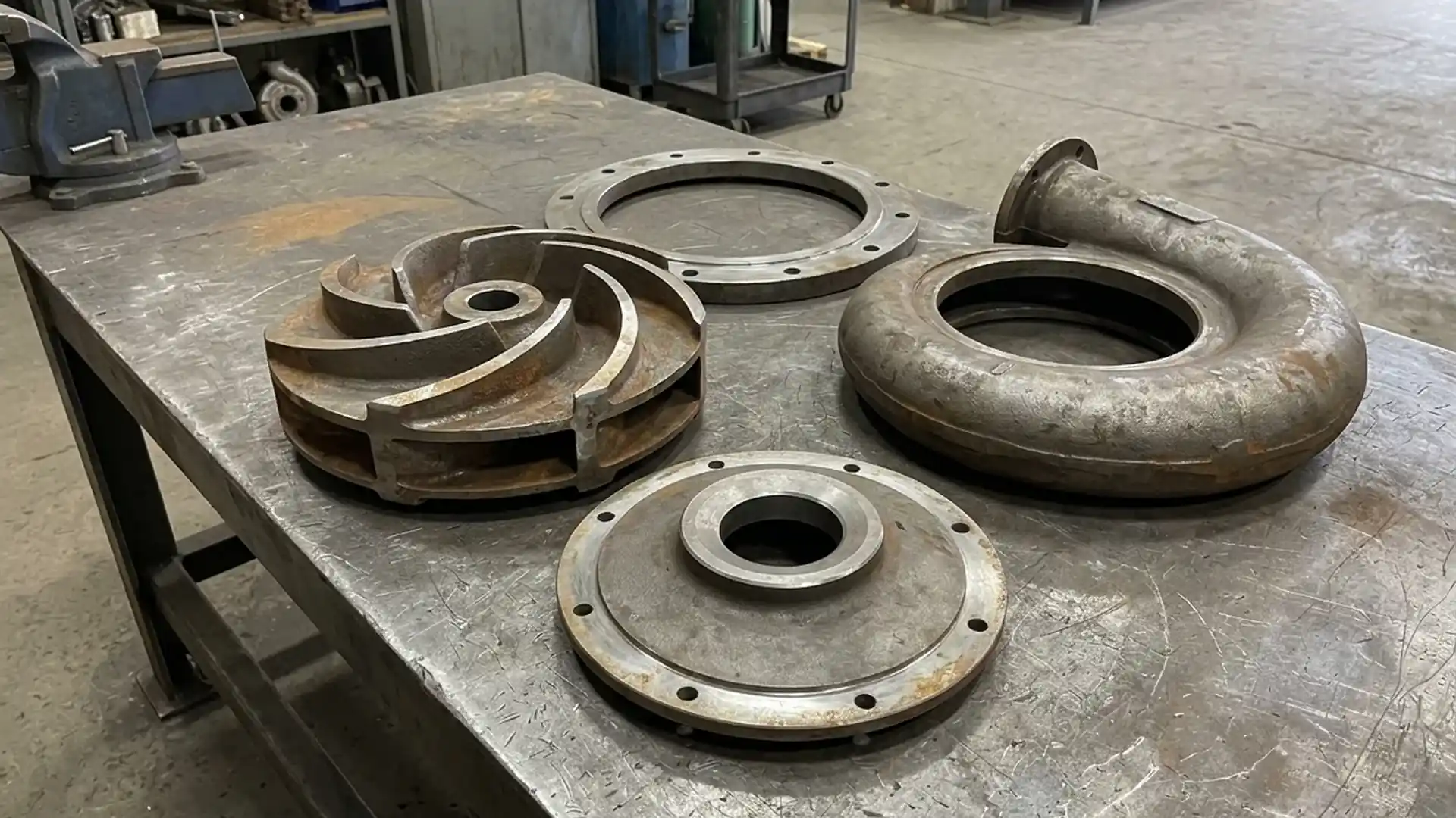 Separate slurry pump wet-end wear parts showing high-chrome impeller, throatbush, volute liner half, and frame plate liner on a clean workbench.