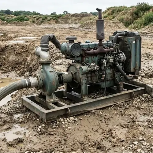 Skid-mounted diesel engine driven water pump dewatering a remote construction pit with suction hose entering muddy water on the left and discharge hose running to the right, showing no electric power connection.