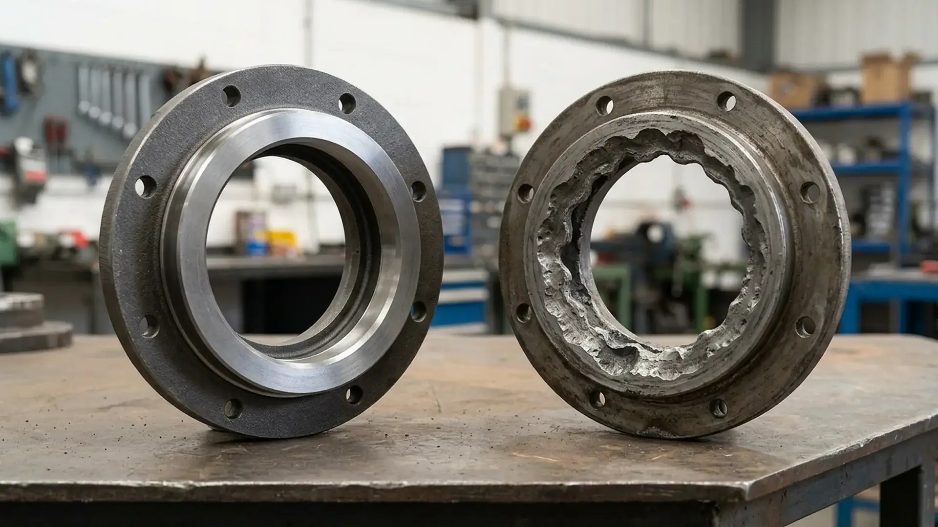 New and severely worn slurry pump throatbush wear parts showing scalloped thinning that signals replacement.